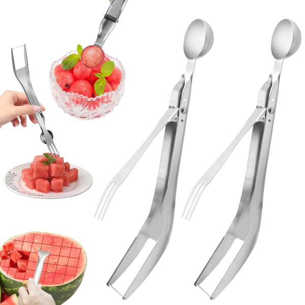 2Pcs Watermelon Cutter, Stainless Steel Watermelon Slicer 3-In-1 Fruit Slicer
