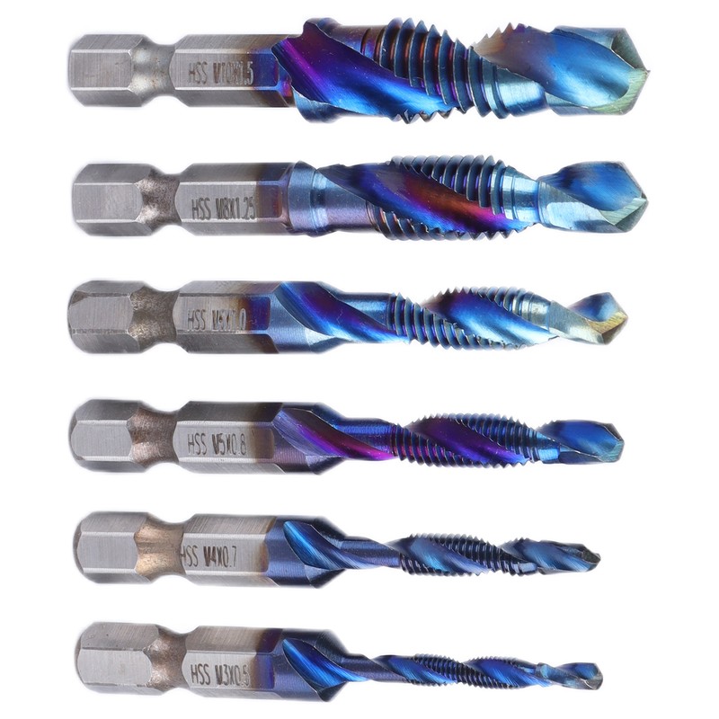 6pcs Spiral Tap Drill Bit Set Blue Plating Coating Hex