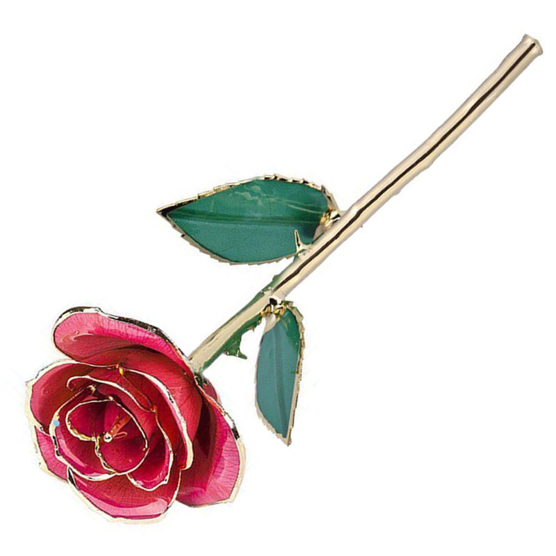 24K GoldPlated Rose Flower Pink Green Leaf for Valentine's Day