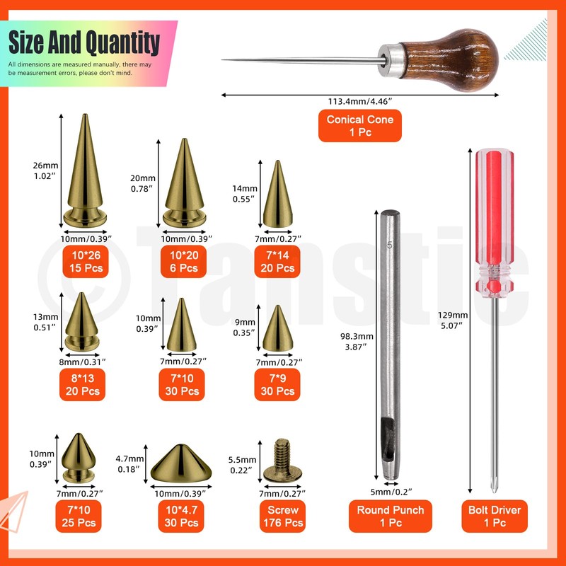 Tanstic 176 Sets Punk Spikes and Studs Kit, 8 Sizes