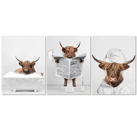 Nhemeylp 3PCS Funny Bathroom Wall Art Decor Waterproof Highland Cow Canvas 20 x 25cm Cute Highland Cow Pictures for Walls Animals Humor Abstract Prints for Bedroom Kids Room (Style B)