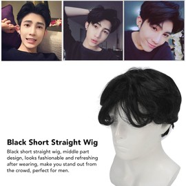 Men Black Short Straight Wig, Cosplay Party Heat Resistant Synthetic Middle Part Wigs for Daily Life
