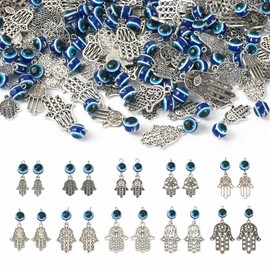 PandaHall 100pcs Tibetan Antique Sliver Pendants Evil Eye Hamsa Hand Dangle Charms for DIY Crafts Necklace Jewelry Making