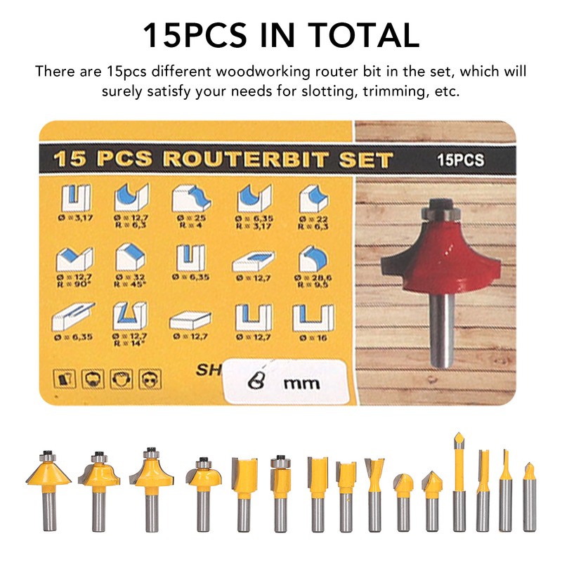 15Pcs Router Bit Straight Slotting Router Bit Cutter Tool Set