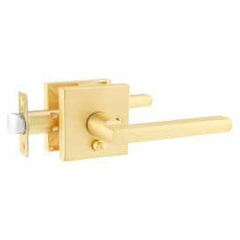 Heittis 1 Pack Door Levers Door Knobs Interior in Satin Brass Finish, Bedroom Bathroom Privacy Door Handles Interior Gold Locksets Keyless, Universal Handing with Square Door Knobs