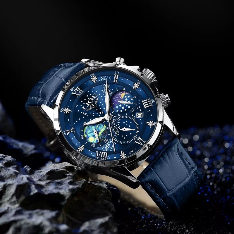 Lige Men Leather Watch Casual Quartz Watches Fashion Calendar Waterproof