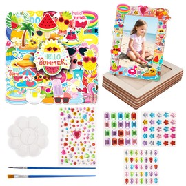 Qaziuy DIY Kids Photo Frame, 6Pcs Wooden Art Frame Picture Frame Painting Craft Kit with 50 Summer Stickers Rhinestone Stickers 2 Brushes for DIY Kids Craft Picture Frame Kits
