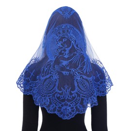 Bozidol Blue Mantilla Triangular Embroidered Carmel Mountain Virgin Mary Floral Veil for Catholic Women, Mass, and Religious Ceremonies