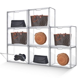Bucherry 6 Pack Purse Storage Organizer for Closet,Clear Acrylic Display Case for Handbag Organizer,Stackable Purse Organizer with Magnetic Door for Collectibles Hats Shoes Wallet Book