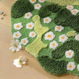 YIKUSH Moss Bath Mat Green Bathroom Rug with Small White Flowers Non Slip Door Mat for Bedroom and Kitchen Soft Washable Rug Floral Nature Bathtub Mat