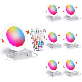 Recessed Lighting 4 Inch RGBCW Color Changing Canless LED Recessed Ceiling Light with Junction Box,12W 1080LM LED Downlight Dimmable by Remote Control, Memory, 3 Modes, Delayed Light Off, 6Pack