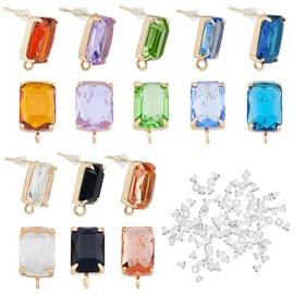 SUPERFINDINGS Pack of 16 8 Colours Brass Stud Earrings Glass Rectangular Stud Earrings with Eyelet Stud Posts for Jewellery Making Hole: 1.6 mm Pin: 0.8 mm
