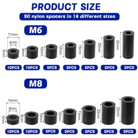 Oneroomone Pack of 90 ABS Spacers, Plastic, Round, Black, Spacer Sleeves M6 M8, Nylon Spacer Wall & Screws, Non-Threaded Column Spacers, Spacer Set with Storage Box