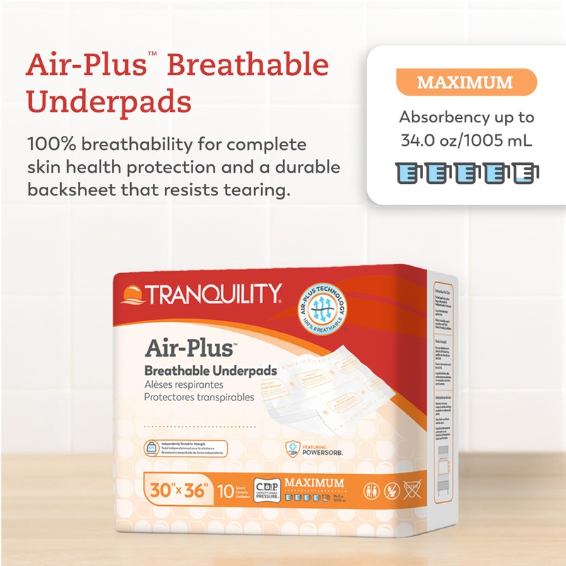 Tranquility AIR-Plus Breathable Underpads, 30"x36", Incontinence Pads with Ultimate Air