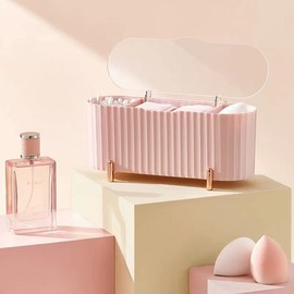 Squishy Dot Clear Cosmetic Storage Organizer, 3-Compartment Transparent Multi-Functional Bathroom Closet Storage with Clear Lid, Cotton Swab, Cotton Pad and Makeup Sponge Organiser(Pink)