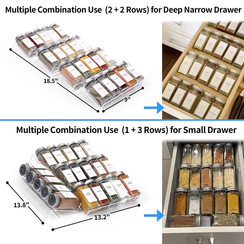 MIUKAA Clear Acrylic Spice Drawer Organizer, 4 Tier- 2 Set