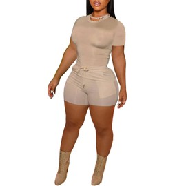 LovelyWholesale Women's Summer 2 Piece Outfits Skinny Shorts Tracksuit Sets Khaki X-Large