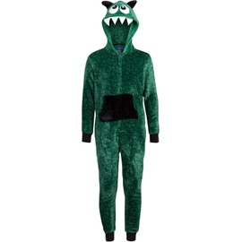 ONLY BOYS’ Fleece Hooded One Piece Pajama - Sharks Dino Cyclopes Sloth (6-14), Size 12-14, Tyrannosaurus