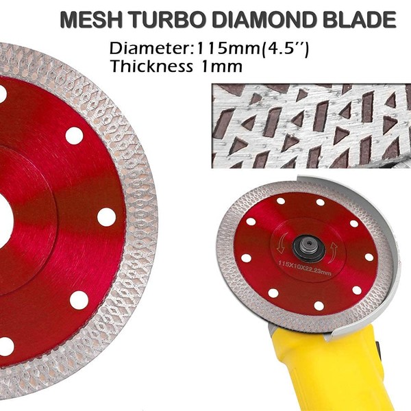 Diamond Saw Blade Cutting Disc 115mm/4.5in Super Thin Turbo Disk for Angle Grinder Cutting Porcelain Tiles Granite Marble Ceramics Red