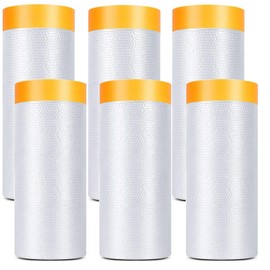 Painters Plastic With Tape, Pre-Taped Masking Film, 6 Rolls Automotive Best Tape and Drape, Paint Adhesive Protective Film Roll for Covering Skirting, Frames, Cars and Auto Body (5 X 65-Feet) (6)