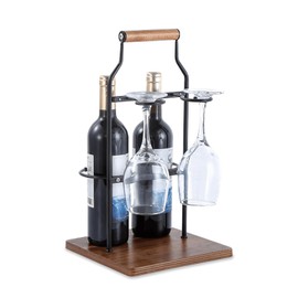 Ouseen Countertop Wine Rack and Glass Holder | Portable Wine Caddy Holds 2 Bottles & 2 Glasses | Small Wine Rack with Wood Base, Perfect for Tabletop Wine Storage & Home Bar Decor (Black)