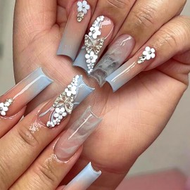 24Pcs Blue Press On Nails Long Press on Nails Blue Rhinestone Fake Nails 3D Butterfly Nails Flower Press On Nails Glossy Blue Nails for Women Girls Nails with Floral Butterfly Design (Blue, Large)