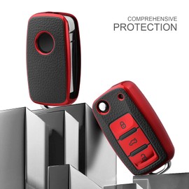 ELOHEI for VW Key Fob Cover, Premium Soft TPU 361 Degree Full Protection for VW Volkswagen Jetta Beetle Tiguan Passat Golf MK6 Polo 3 Buttons(Leather Red)
