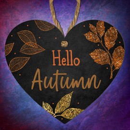 "Hello Autumn" Black MDF Hanging Heart Plaque - Stunning Autumn Leaf Design with Glitter Effect – Perfect Fall Décor for Home, Kitchen, Living Room or Gifts – Celebrate the Beauty of the Autumn Season