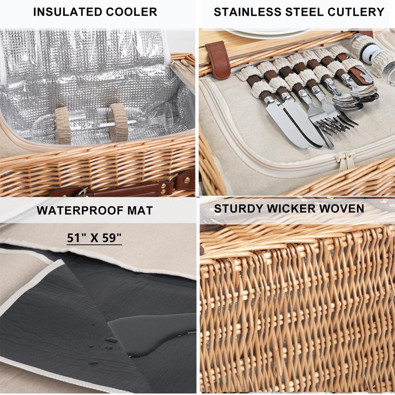 Multifunctional Wicker Picnic Basket Set for 4 with Blanket and