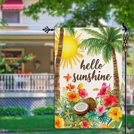 Jauageon Hello Sunshine Garden Flag Summer Holiday Garden Flag Coconut Hibiscus Vertical Double Sided Rustic Farmland Burlap Yard Lawn Outdoor Decor 12.5x18"