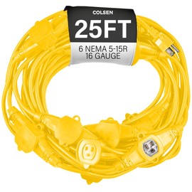 COLSEN Extension Cord with Multiple Outlets – 25 ft Heavy Duty 16 Gauge Power SJTW Cable, 15 Amp 3 Prong 6 NEMA Multi Plug, 16 AWG Male to Female Connector, 5-15R Female Socket, Outdoor/Indoor Yellow