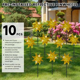 DECEED 10 PCS Reflective Pinwheels for Yard and Garden Bird Devices Pre-Installed Sparkly Wind Spinner Deterrent to Scare Birds Away from Yard Patio Farm(Yellow)
