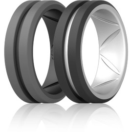 ThunderFit Silicone Wedding Rings for Men, Bevelled 2 Layers MidLine 8.2mm Wide 2.5mm Thick - 1/2/3/4/5/6/7 Variety Multipack (Black-Grey, Silver-Black - Size 12.5-13 (22.33mm))
