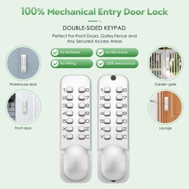 ANNFUZ Pure Mechanical Keyless Entry Keypad Door Knob Lock,Double-Sided Combination & Handle for Front Gate,Auto Locking,Interior Exterior Push Button Code & Lever Set for Fence,No Battery(Silver)