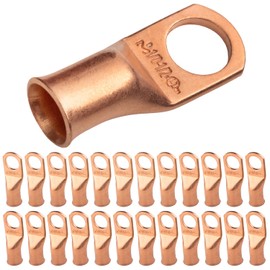 SELTERM 25pcs 1/0 AWG 1/2" Stud Battery Lugs, Ring Terminals, Heavy Duty Copper Wire Lugs, Battery Cable Ends, 0 Gauge Ring Terminal Connectors, UL Bare Copper Eyelets Electrical Battery Cable Lugs