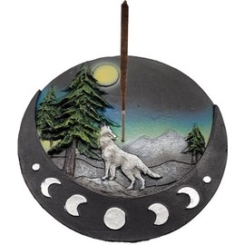 Wolf with Moons Incense Burner [Black - 4.5" W] - ID#68998