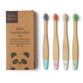 Wild & Stone Organic Baby Bamboo Toothbrushes | 4 Pack | Soft Bristles | 100% Compostable Handle | BPA Free | Vegan Baby Toothbrushes (Multicolour)