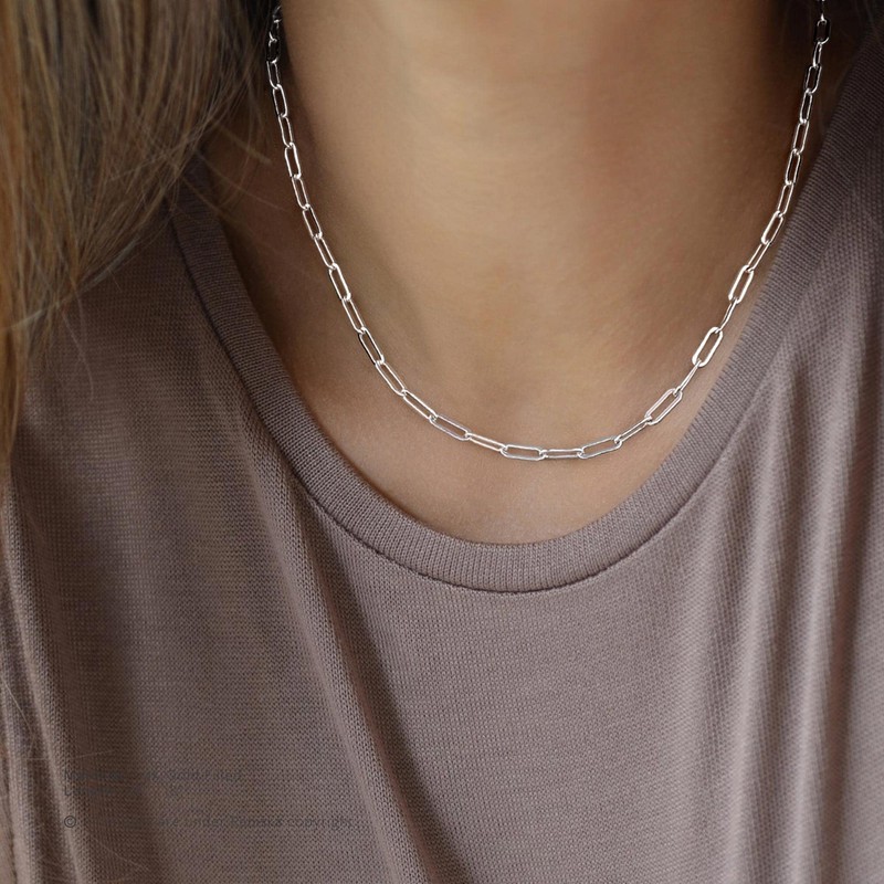 GLIJWELE Silver Chain Necklace for women 3mm Paperclip Chain Necklace