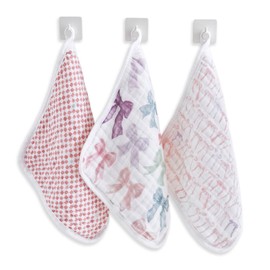 aden + anais WCADABAWCO30012 Washcloth, Ribbon, Organic, Set of 3, Gauze Handkerchief, Cotton, Towel Handkerchief, 11.8 x 11.8 inches (30 x 30 cm), Baby Shower