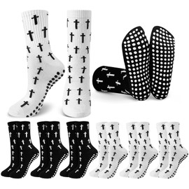 Chicingyou 6 pairs Cross Grip Soccer Socks Anti Slip Cross Religious Crew Socks with Rubber Dots Faith for Yoga Football (Black and White)