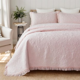 Brandream Light Pink Quilt Set Queen Size Cotton Botanical Matelasse Bedding Lightweight Floral Bedspread Ruffled Quilt Set 3-Piece