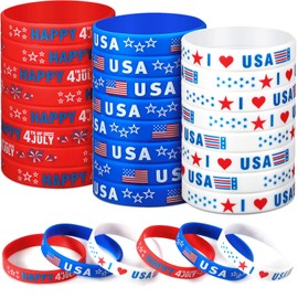 Lewtemi 30 Pieces 4th of July Party Favors USA Silicone Bracelet Patriotic American Flag Red White and Blue Rubber Wristband for Independence Day Decorations Fourth of July Party Accessories Gift