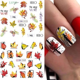 12 Sheets Fall Nail Stickers Thanksgiving Nail Art Accessories Decals, Maple Leaf Pumpkin Water Transfer Nail Art Stickers Decals Cute Fox Nail Supplies for Women Girls DIY Thanksgiving Decorations