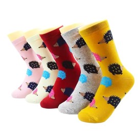 Hedgehog Pattern Crew Socks, 5 Pairs, Multi-Coloured, UK Size 4-8, Hedgehog Gift