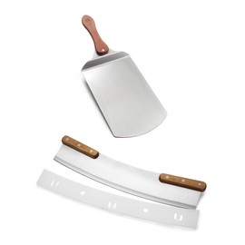 Outset Pizza Peel and Rocking Cutter Tool, 2- Piece Set, Stainless Steel With Wood Handle