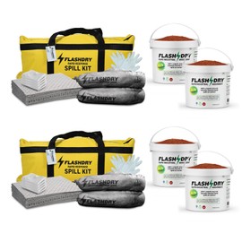FlashDry Portable Complete Spill Kit - Yellow Duffle, Bag Tag, 15 Absorbent Pads, 2 3" x4' Sorbent Socks, Disposal Bags, Nitrile Gloves, 2 5L Buckets of 100% Organic Coir w/Dispenser Lid, Set of 2