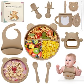 PERRYHOME 12pzs Platos para Bebés Silicon, Set de Vajillas Silicona de Alimentación, Sin BPA, Fácil de Limpiar, Apto para Microondas, Regalos de Navidad para Bebé (Marron)