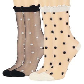 Ksriylm 4 Pairs Women's Sheer Crystal Ruffle Dot Socks Frilly Sock for Women, Cute Women’s Lacesock Nylon Mesh Thin Anklesocks for Women(Black White)