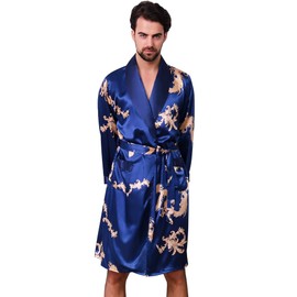 Haseil Men's Satin Robe Dragon Luxurious Silk Spa Long Sleeve House Kimono Bathrobe, Blue, TagsizeL=UssizeS
