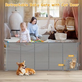 Reinforced 90” Retractable Baby Gate with Cat Door Gates for Pets Retractable Pet Gate Indoor Dog Gate with Cat Door Mesh Baby Gate Retractable Gate Outdoor Retractable Baby Gates for Doorways, Gray